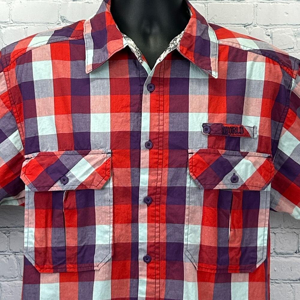 World Industries Button Front Shirt Red Check Plaid Skateboards Mens XL X-Large